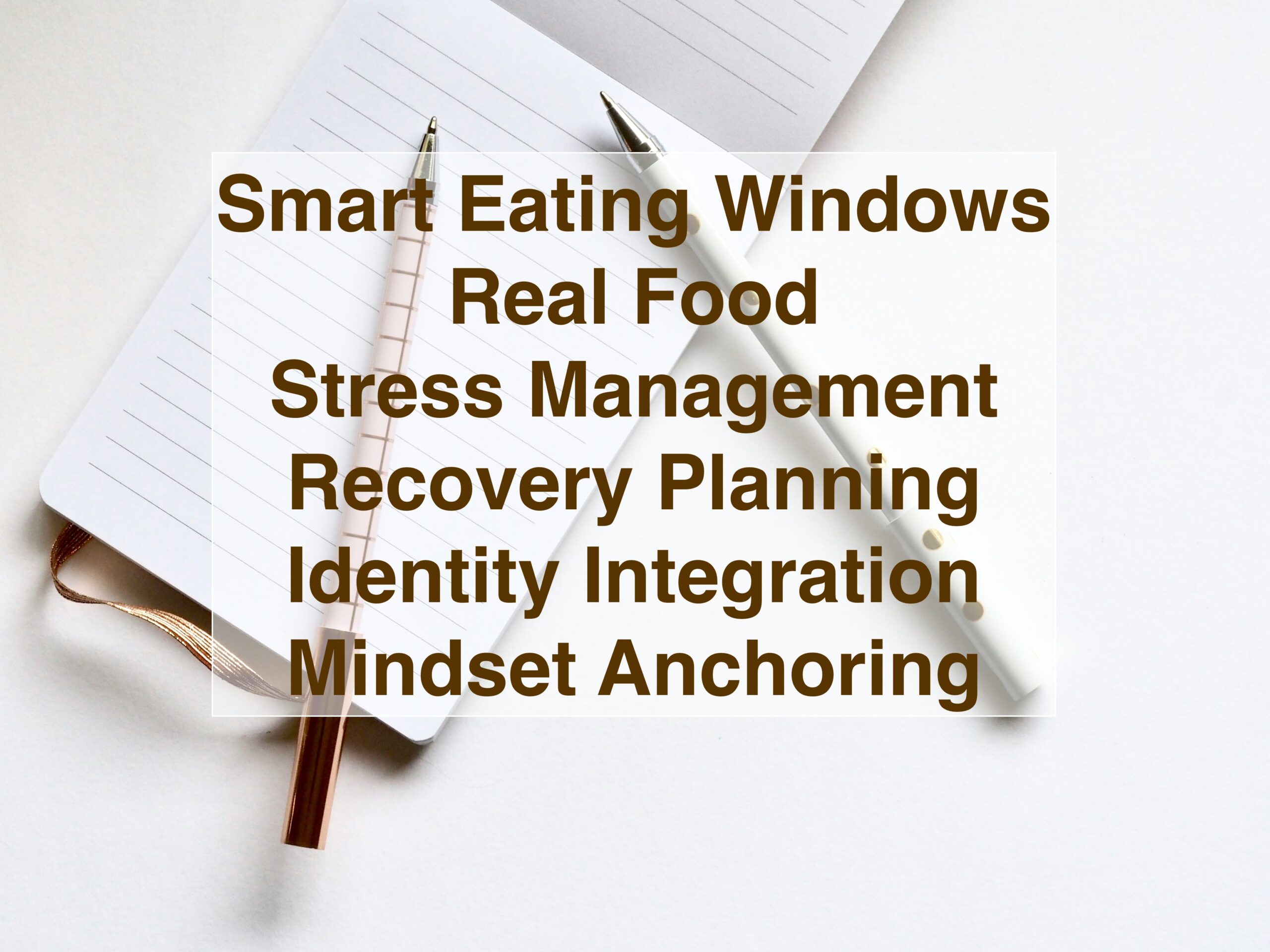 Image in the article "Why Fasting Alone Isn’t Working — The Missing Piece Most People Overlook"you can see 2 pens and a notebook with this writing above: Smart eating windows Real food (not just fewer calories) [link to article What to Eat During Intermittent Fasting: Best Foods for Maximum Results] Stress and recovery planning Identity and mindset anchoring